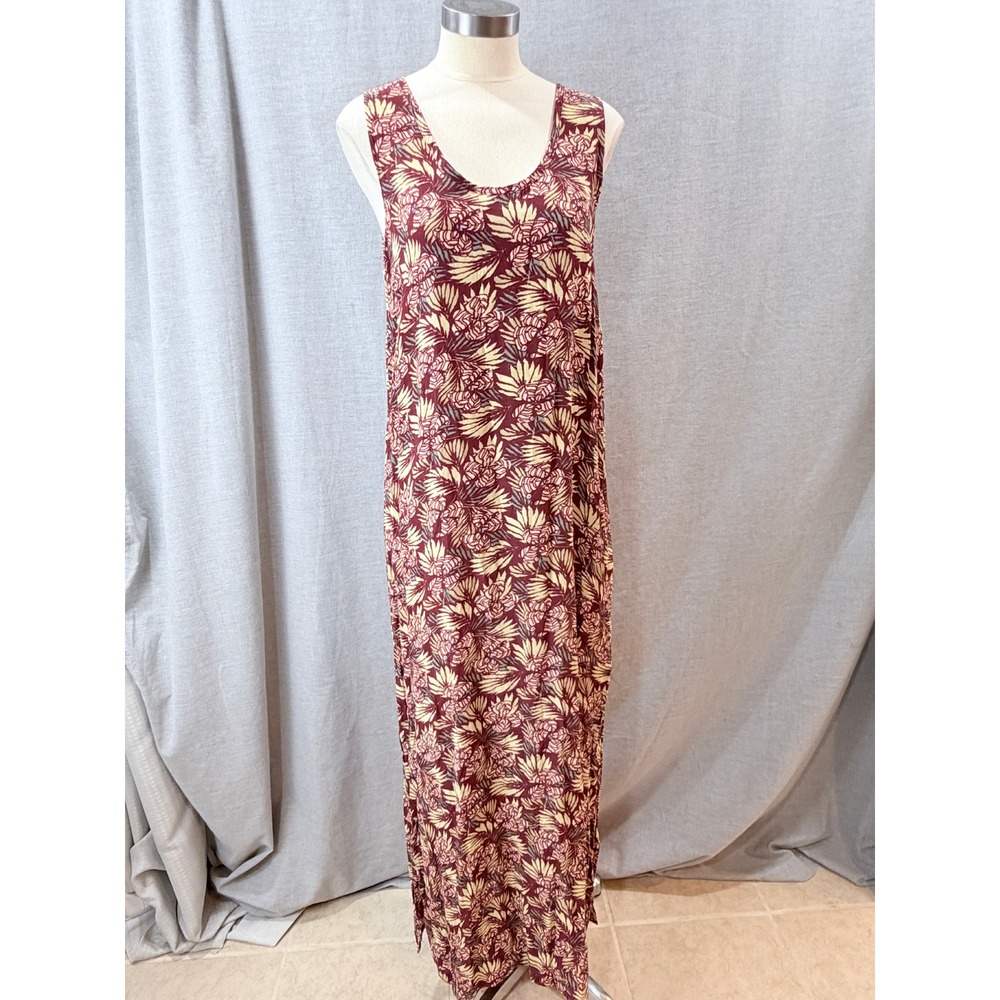 FLAX by Jeanne Engelhart Burgundy Floral Rayon Sleeveless Maxi Dress M